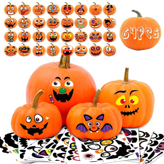 Ayieyill 64 Packs Halloween Stickers Pumpkin Decorating Stickers for Children , 32 Sheet Small Pumpkin Face Stickers for Halloween Party Supplies Trick or Treat Party Favors